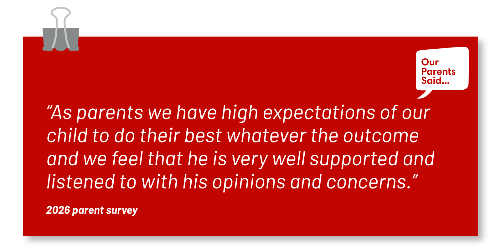 “As parents we have high expectations of our child to do their best whatever the outcome and we feel that he is very well supported and listened to with his opinions and concerns.”  2026 Parent Survey Quote