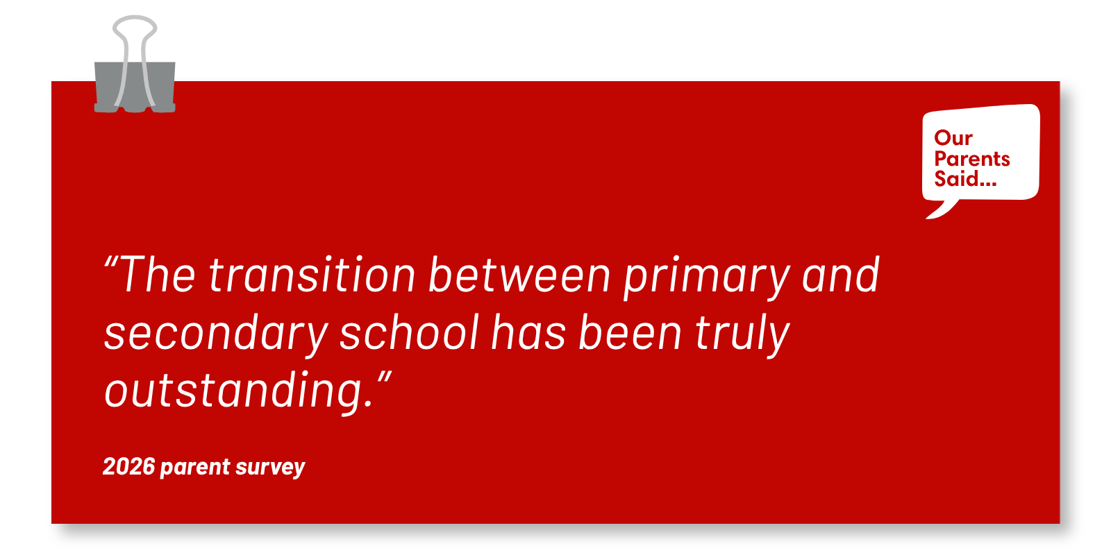 “The transition between primary and secondary school has been truly outstanding.”  2026 Parent Survey Quote